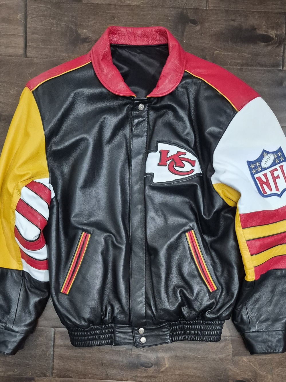 Kansas City Chiefs Leather Bomber Jacket Coat Reversible Stripes Vlock Print
